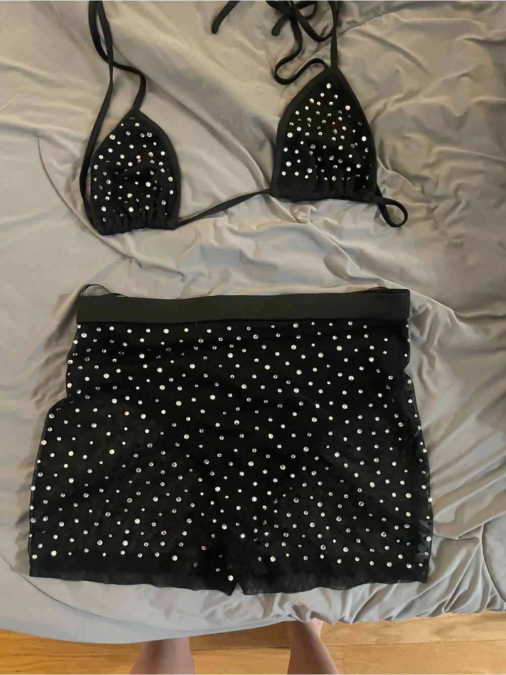 Fashion Nova Black Rhinestone Bandeau Bikini Top & biker shorts Set- sexy outfit